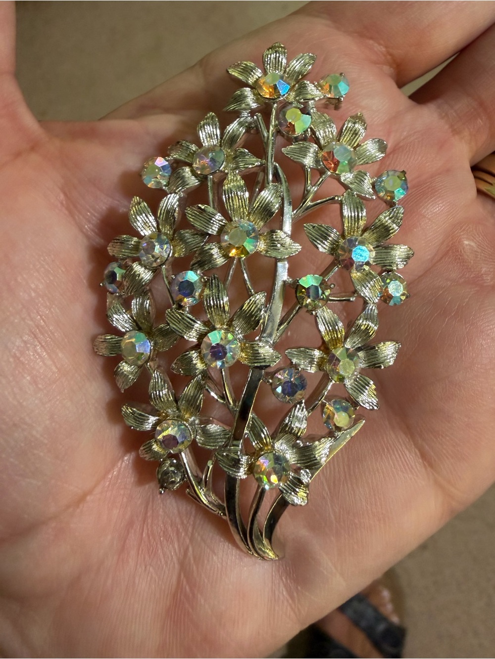 Vintage AB Rhinestone Floral Spray Brooch Silver Tone Mid Century Unsigned